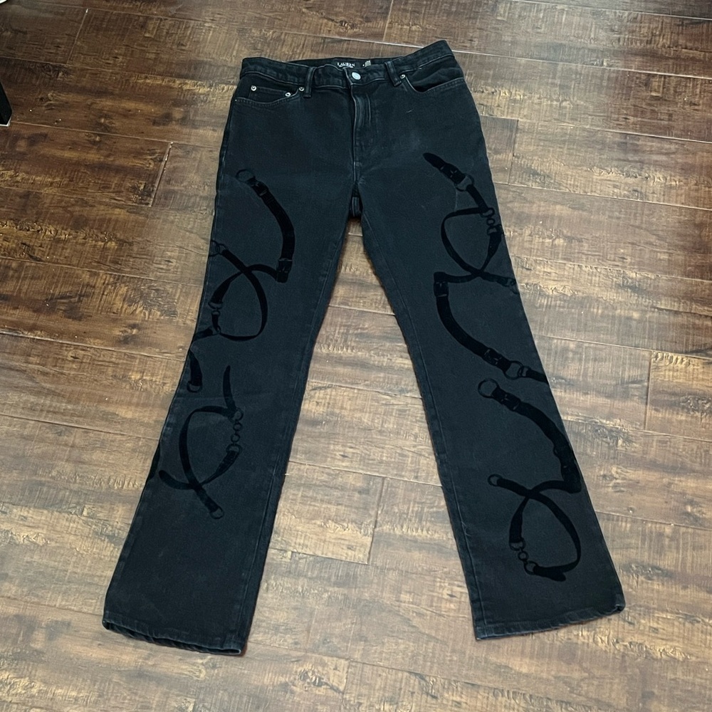 Black Women’s Jeans with Velvet Horsebit Print